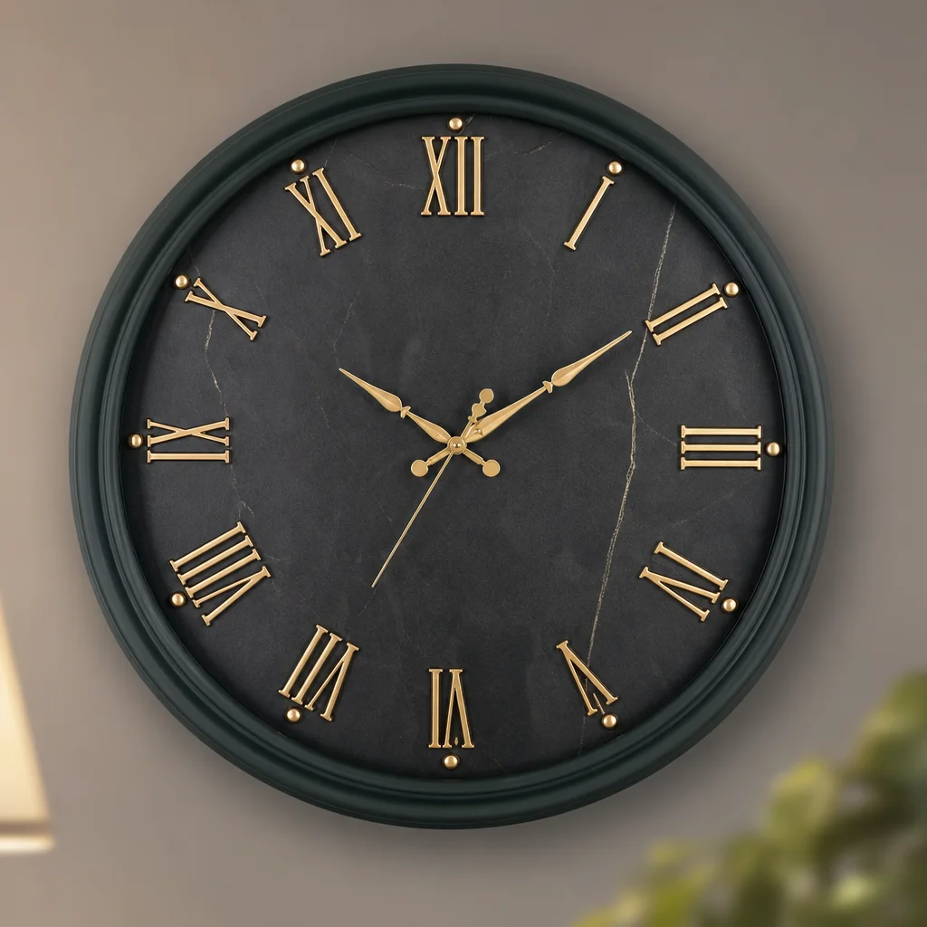 Sizzero 2200 Dark Green Wall Clock with Gold Roman Numerals and Marble Effect Dial