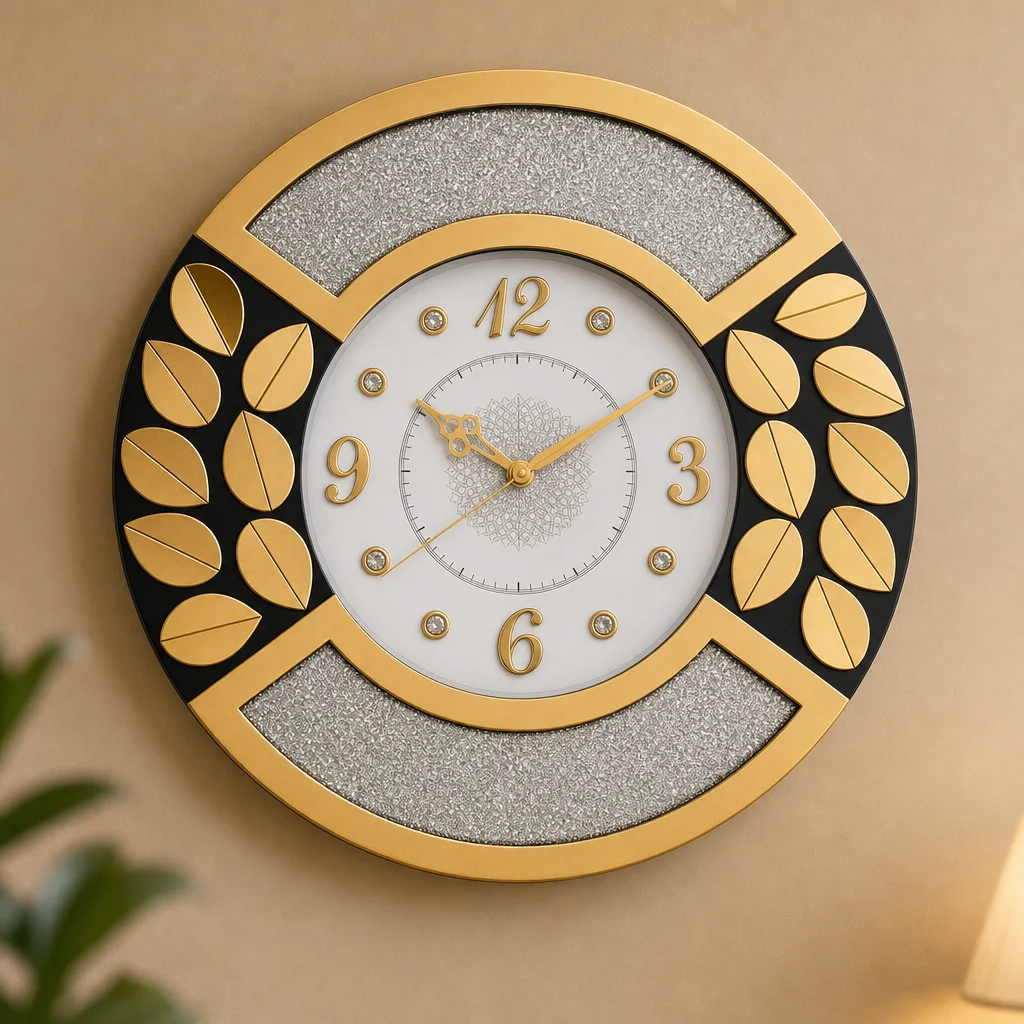 Diamond 2112 Gold & Silver Glitter Wall Clock with Leaf Accents