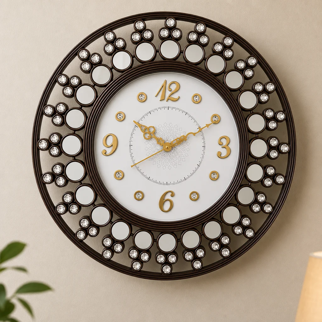 Diamond 1111 Ornate Round Wall Clock with Crystal & Mirror Accents