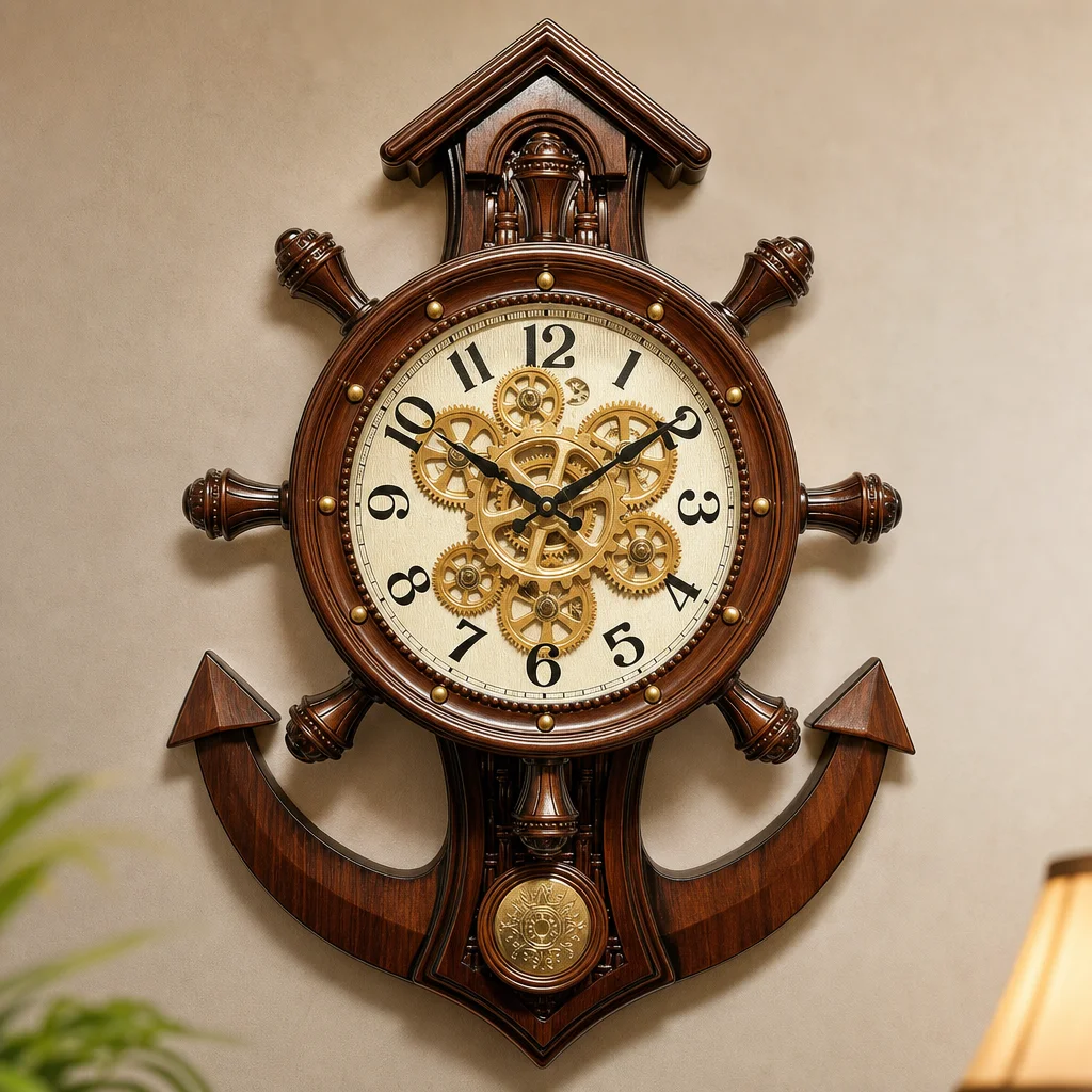 Real RG-04 Dark Wood Brown Nautical Wall Clock with Visible Gears, 30x23 inch