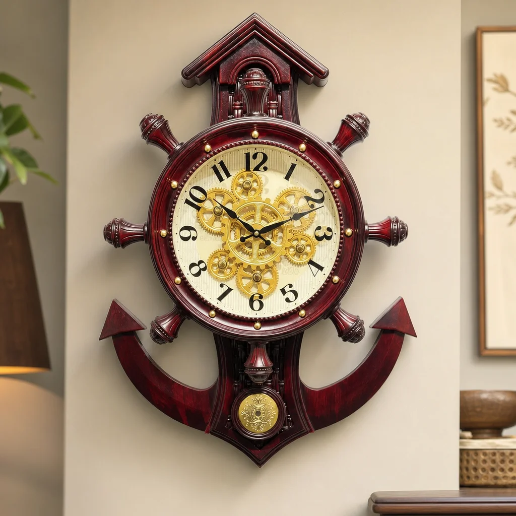 Real RG-04 Rosewood Red Finish Nautical Ship Wheel and Anchor Wall Clock