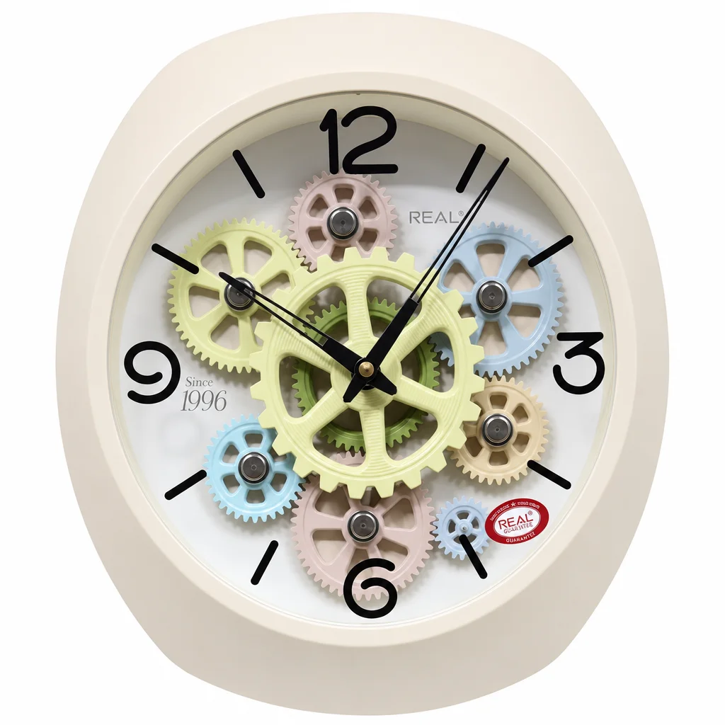 Real RG-06 Cream Wall Clock - Visible Gear Design, 14x12 inch