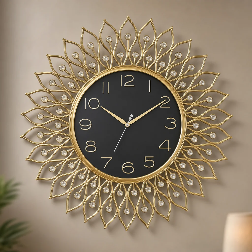 Rose Gold Decorative Crystal Wall Clock styled in a room setting 4