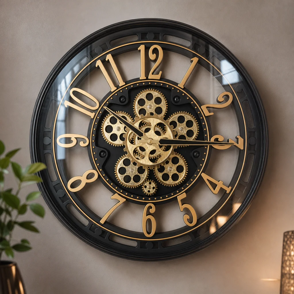 Slogan SQ 07-BLACK Industrial Gear Skeleton Wall Clock