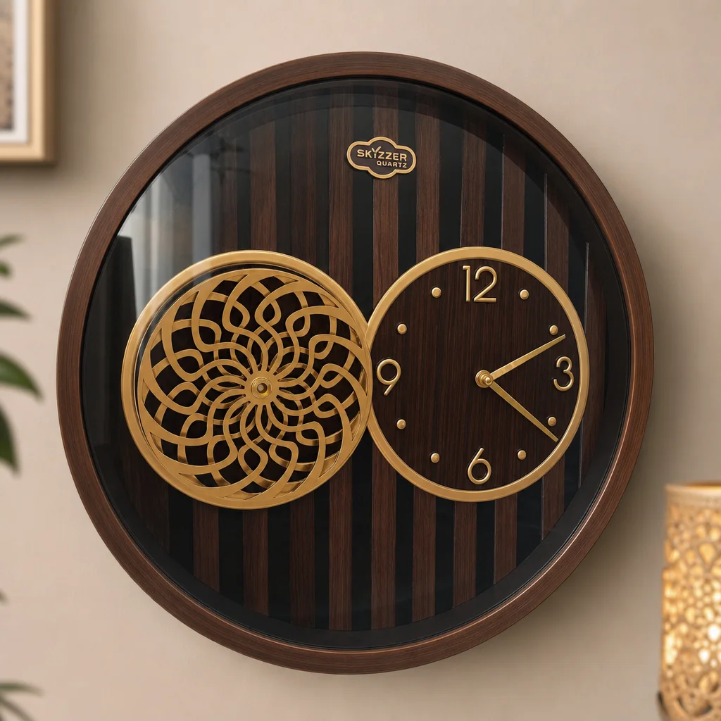 SkyZZer 018-BrownWoodFinish Decorative Wall Clock with Gold Accents