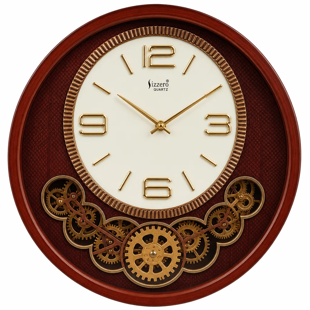 Classic Analog Quartz Wall Clock With Wood Grain Finish And Decorative Gears