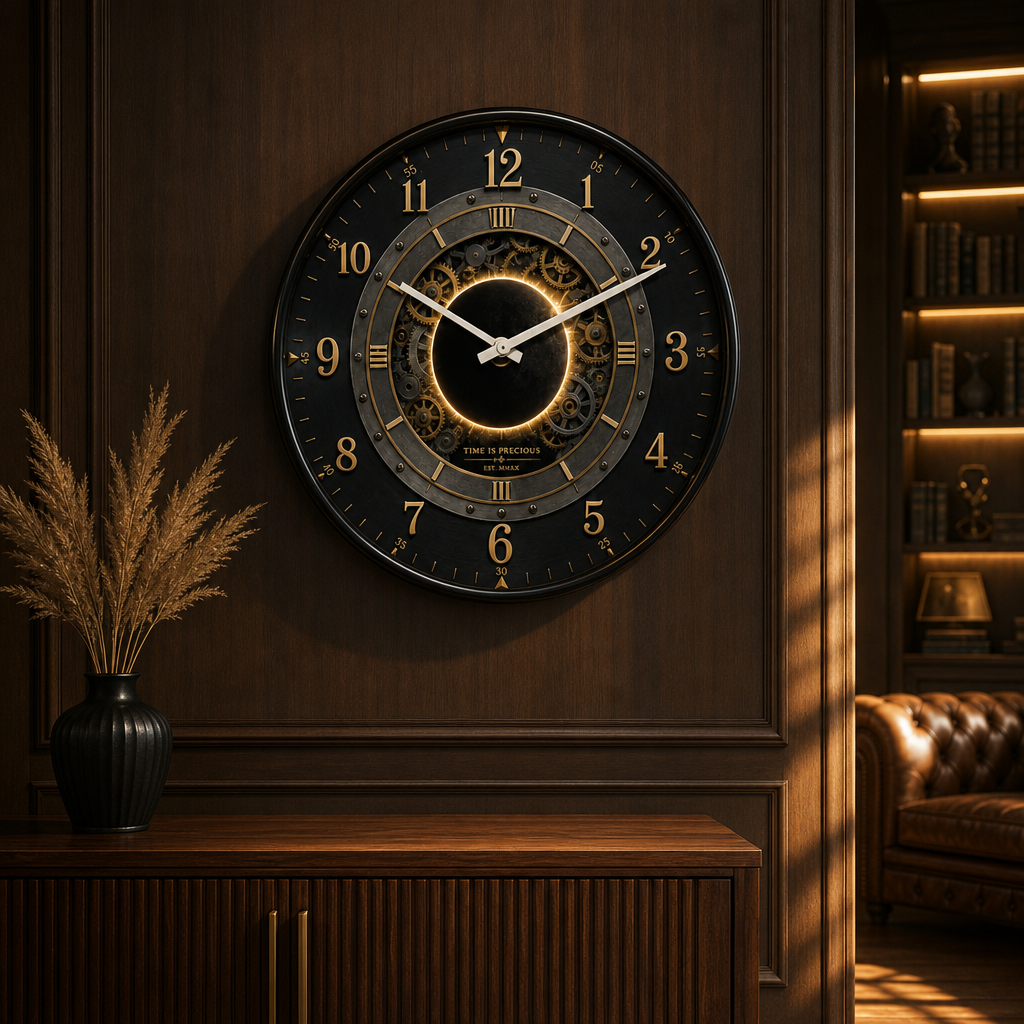 The clock Factory 031 Black Rivets Steampunk Wall Clock with Luminous Gears styled in a room setting 2