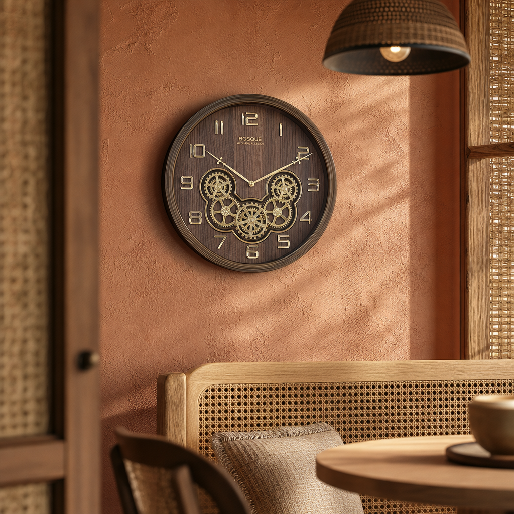 Bosque Gear 08 Dark Wood & Gold Mechanical Wall Clock styled in a room setting 1