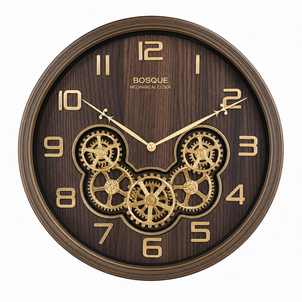 Bosque Gear 08 Dark Wood & Gold Mechanical Wall Clock