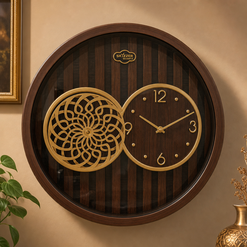 SkyZZer 018-BrownWoodFinish Decorative Wall Clock with Gold Accents - Decor 3