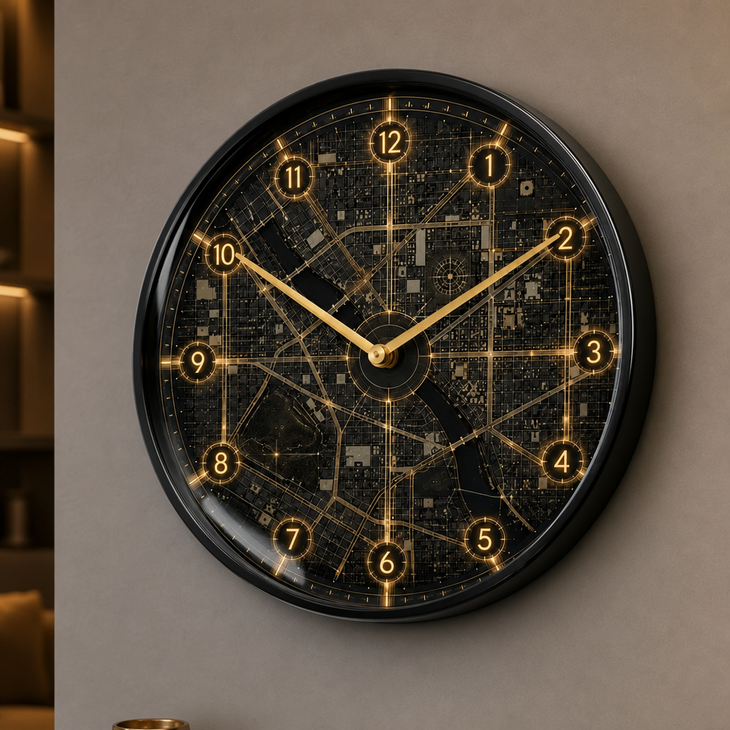 The Clock Factory 031-Resin Wall Clock | Black Frame & Gold/Grey Marble Art styled in a room setting 4