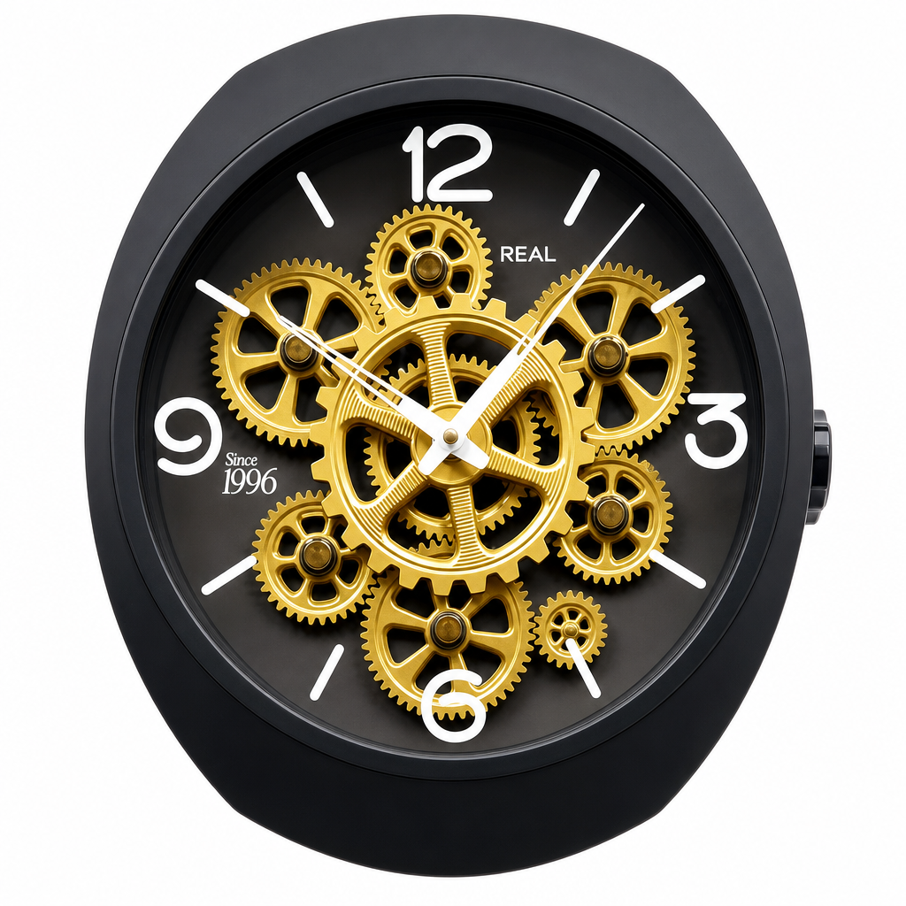 Real RG-06 Black Wall Clock with Exposed Gold Gears