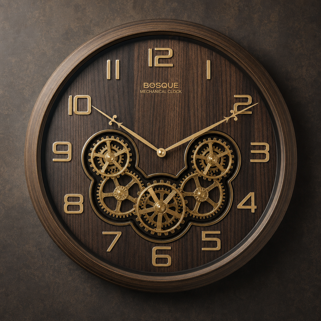 Bosque Gear 08 Dark Wood & Gold Mechanical Wall Clock