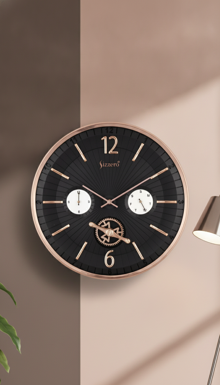 Sizzero 1617 Wall Clock - Black Dial with Rose Gold Finish on wall color