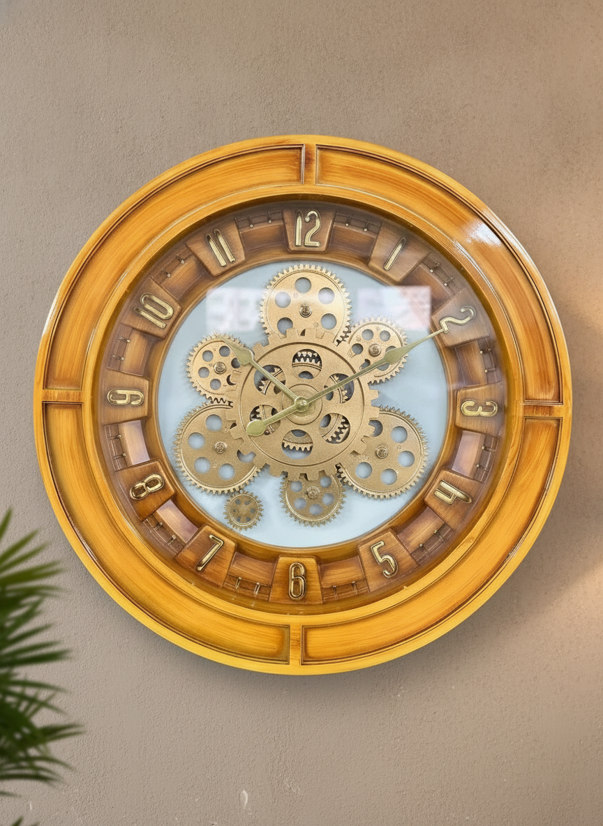 Elegant Gear 10 Honeywood & Gold Accents Decorative Wall Clock on wall color