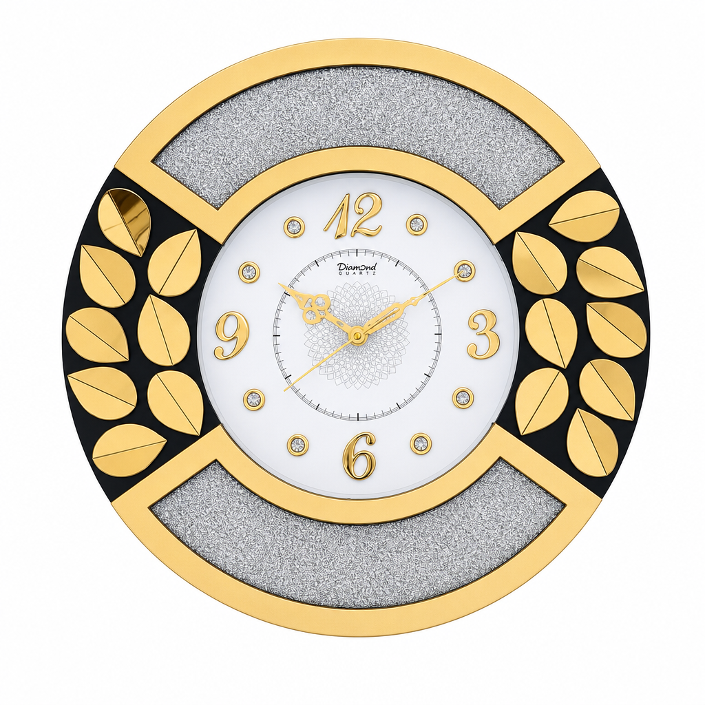 Diamond 2112 Gold & Silver Glitter Wall Clock with Leaf Accents