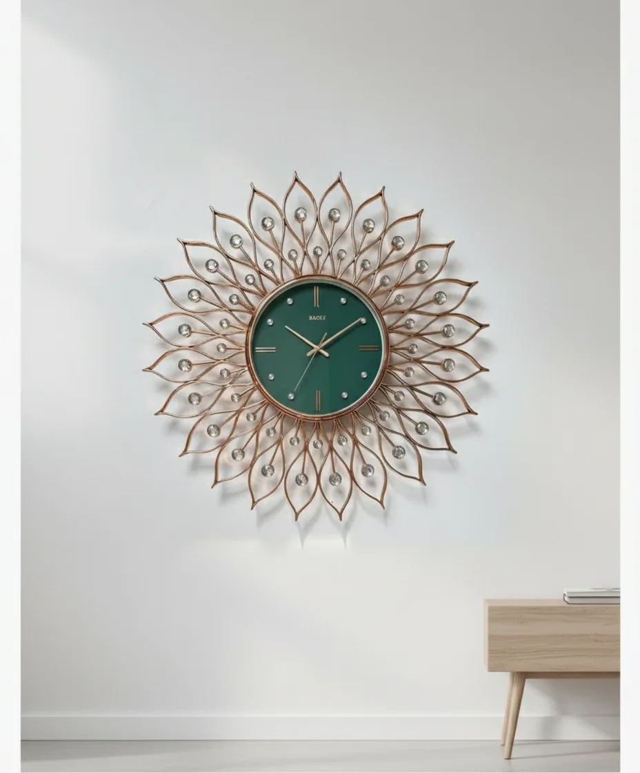 Elegant Crystal Sunburst Wall Clock - Green & Rose Gold