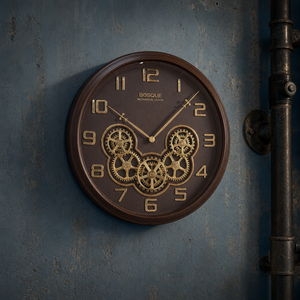 Bosque gear 08-Black&RoseGold Mechanical Wall Clock styled in a room setting 4