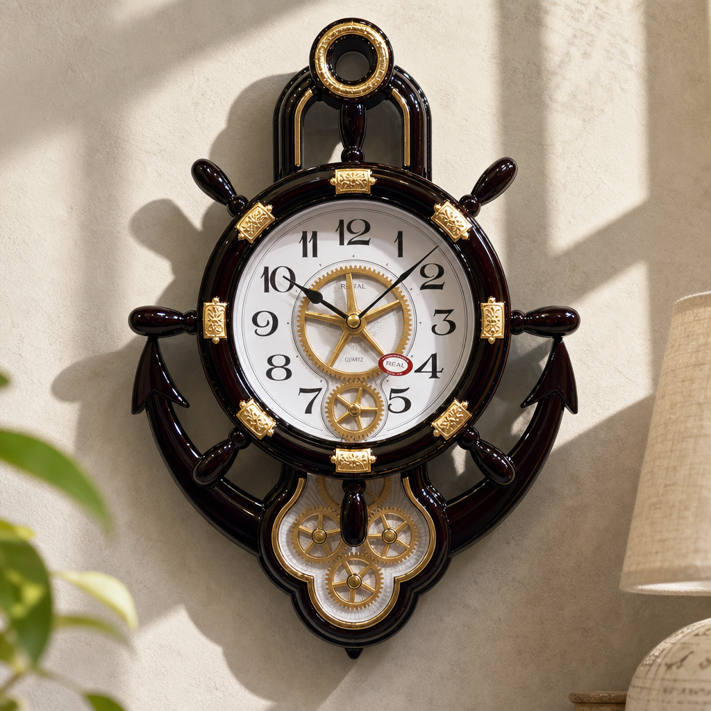 Real RG07 Nautical Ship's Wheel Wall Clock with Anchor Base, Very Dark Cherry Wood Finish
