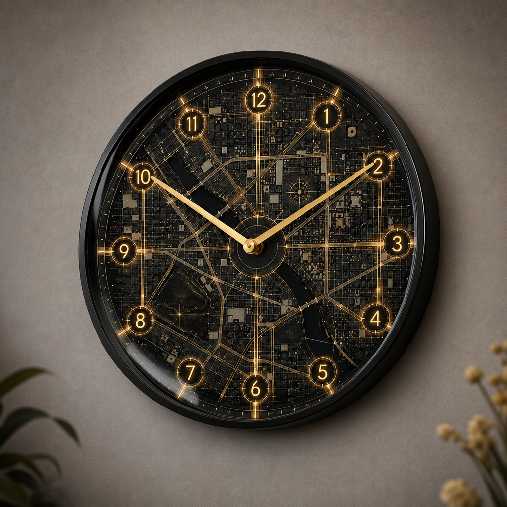 The Clock Factory 031-Resin Wall Clock | Black Frame & Gold/Grey Marble Art styled in a room setting 5