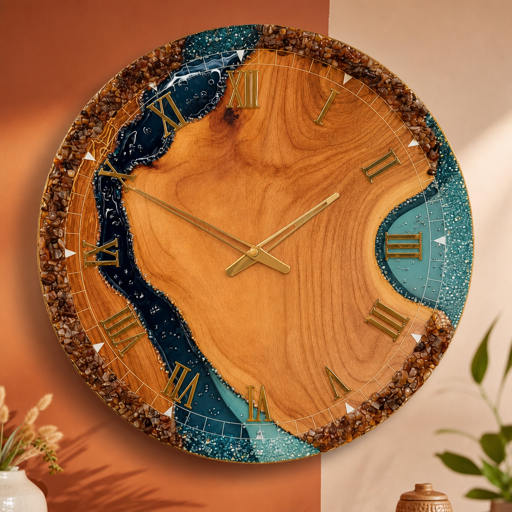 The Clock Factory 24-inch Wood and Dark Blue Resin River Wall Clock