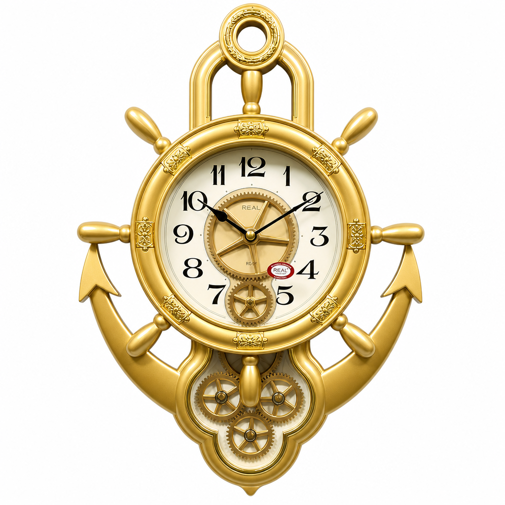 Real RG07-Golden Nautical Ship Wheel and Anchor Wall Clock