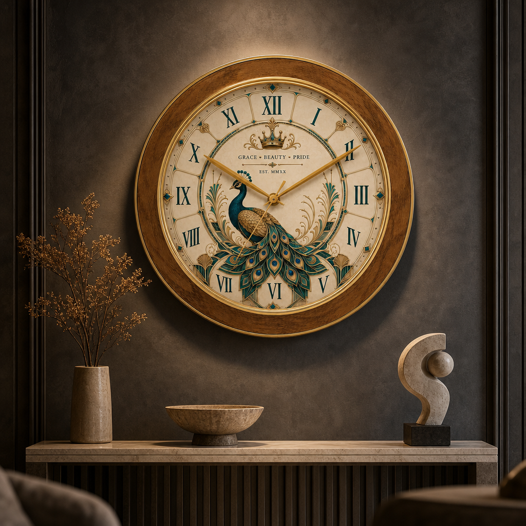 Majestic Peacock Wall Clock by The Clock Factory styled in a room setting 2
