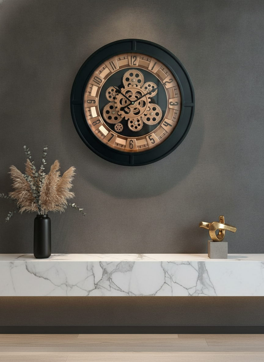 Elegant Gear 10 Honeywood & Gold Accents Decorative Wall Clock - Decor 10