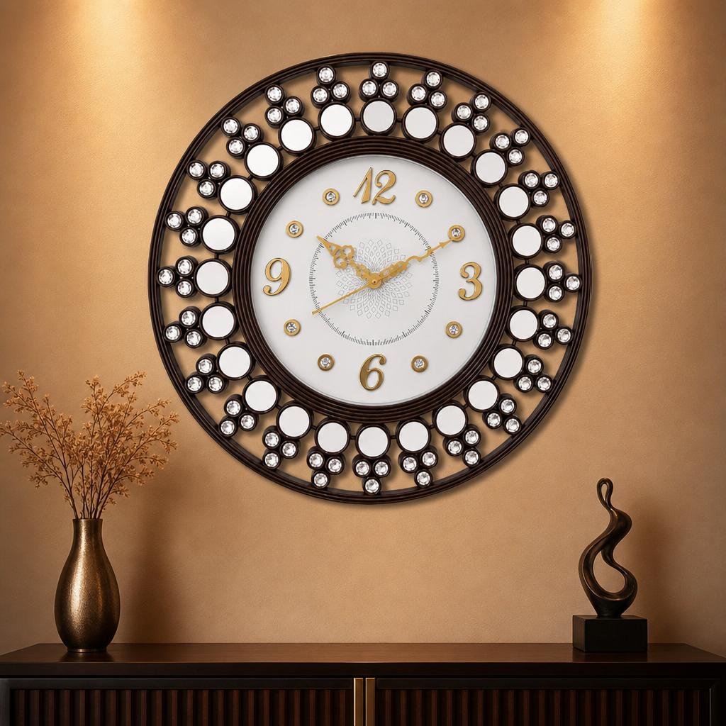 Diamond 1111 Ornate Round Wall Clock with Crystal & Mirror Accents - Decor 2