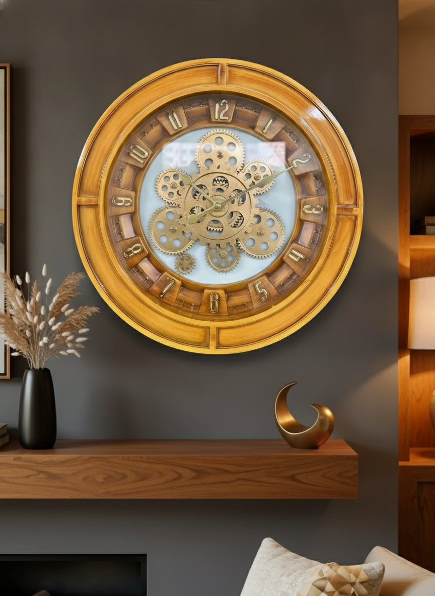 Elegant Gear 10 Honeywood & Gold Accents Decorative Wall Clock lifestyle 3