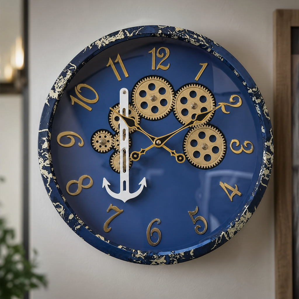 Milan h155 Royal Blue Wall Clock with Gears and Anchor