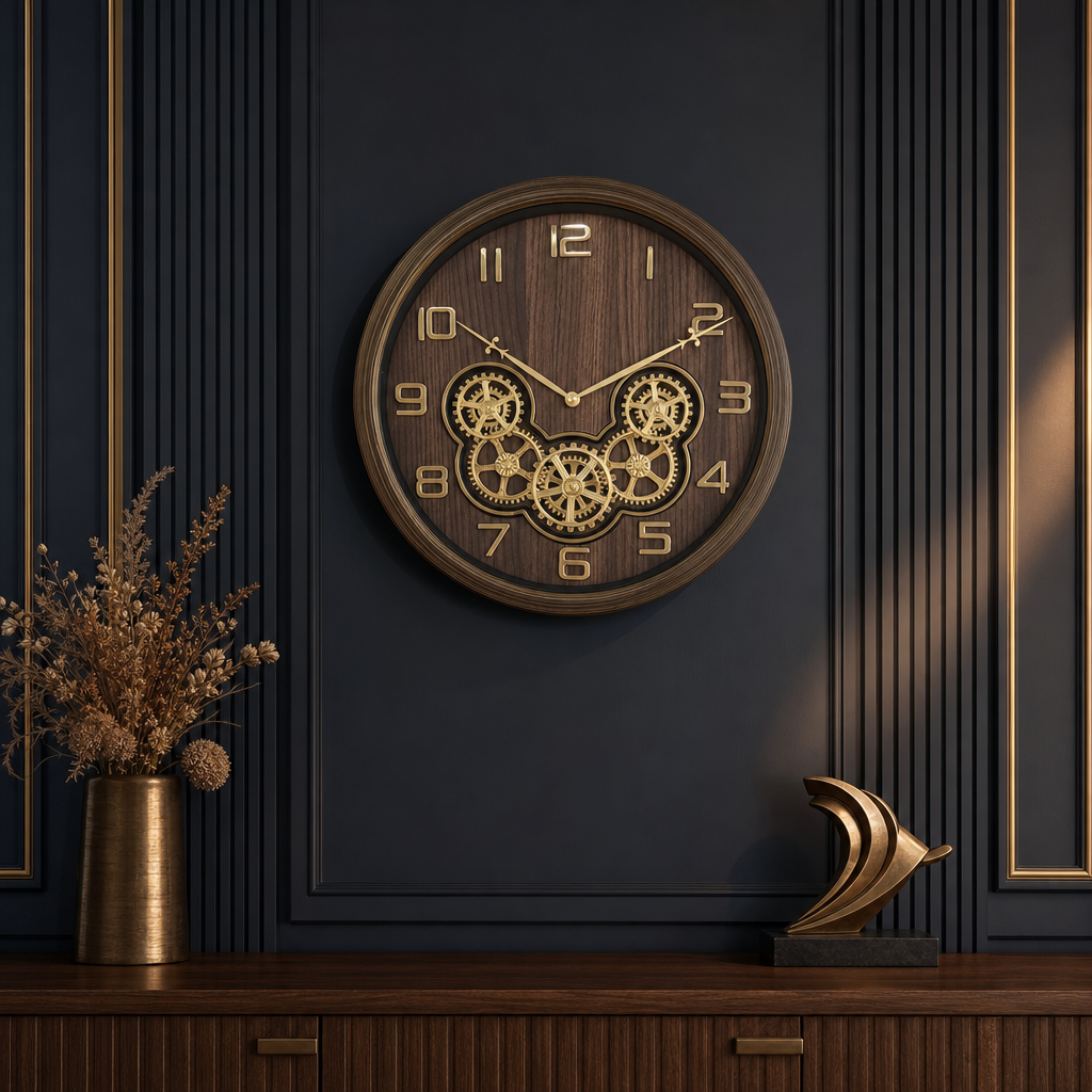 Bosque Gear 08 Dark Wood & Gold Mechanical Wall Clock styled in a room setting 2