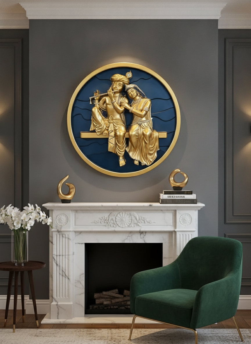 Sizzero Radha Krishna 3D Wall Art - Gold & Blue, 24 inch lifestyle 3
