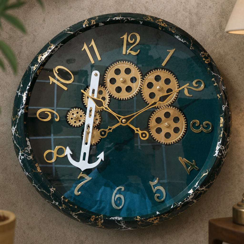 Milan h155-DarkTeal Decorative Wall Clock with Exposed Gears and Anchor Pendulum