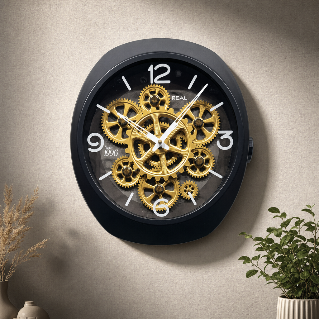 Real RG-06 Black Wall Clock with Exposed Gold Gears - Decor 3