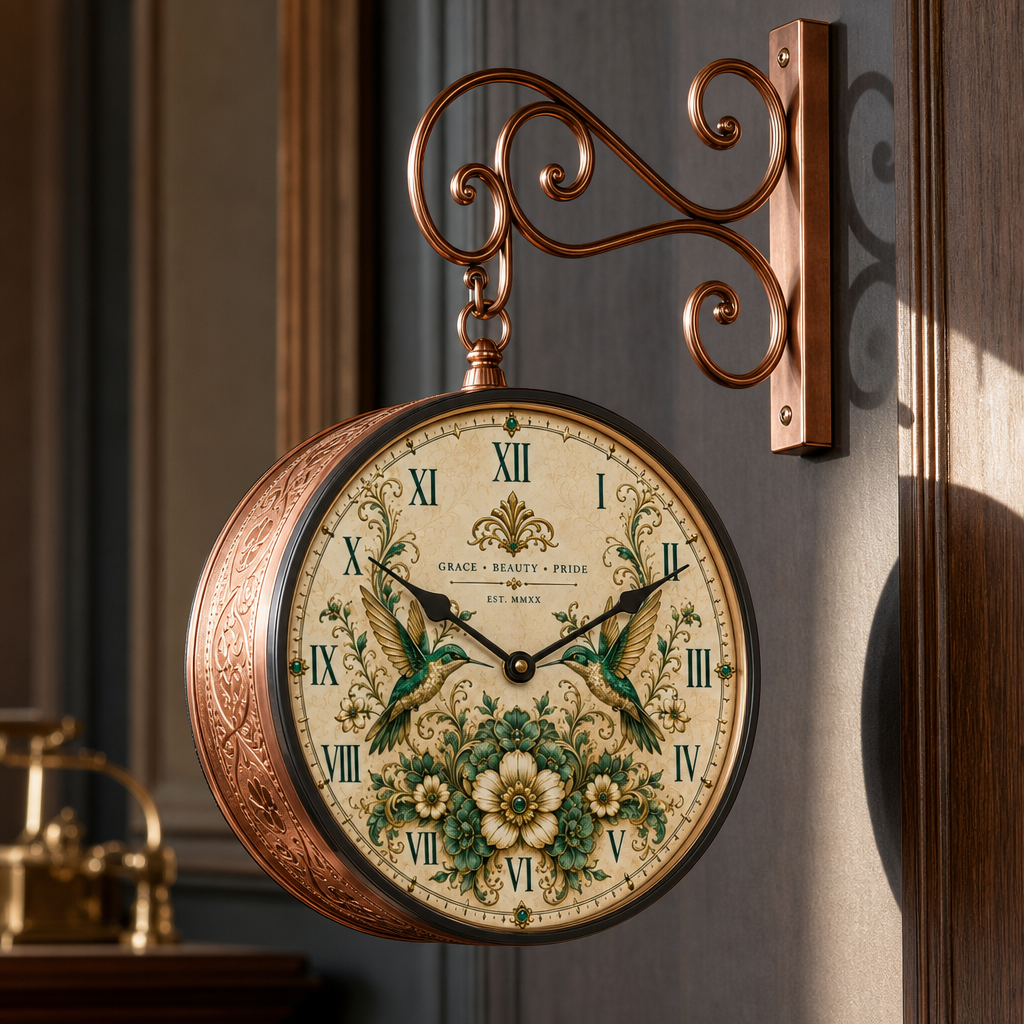 The Clock Factory ETCHING 10 Vintage Double Sided Wall Clock with Lotus Design styled in a room setting 5