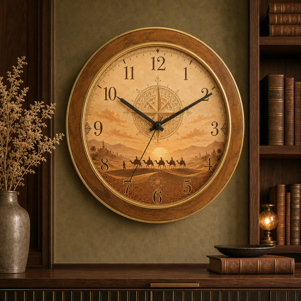 The clock Factory 'byd desert' Wall Clock - Desert Caravan Sunset styled in a room setting 3
