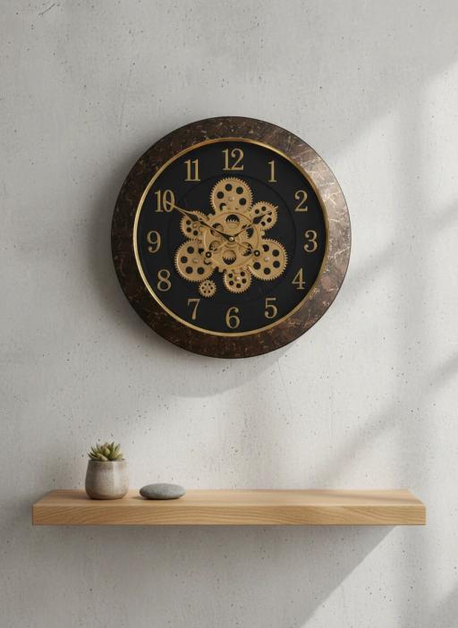 Sapna 3341 Marble Gear Wall Clock - Sapna 3341-BlackwithBrownMarble - Premium Wall Clock 16 inch