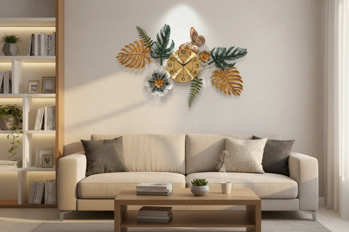 Tropical Gold Leaf & Butterfly Wall Art Clock - The clock Factory - Wall Clock 42 inch - Wall Clock, Decorative Clock, Gold Metallic - Image 3