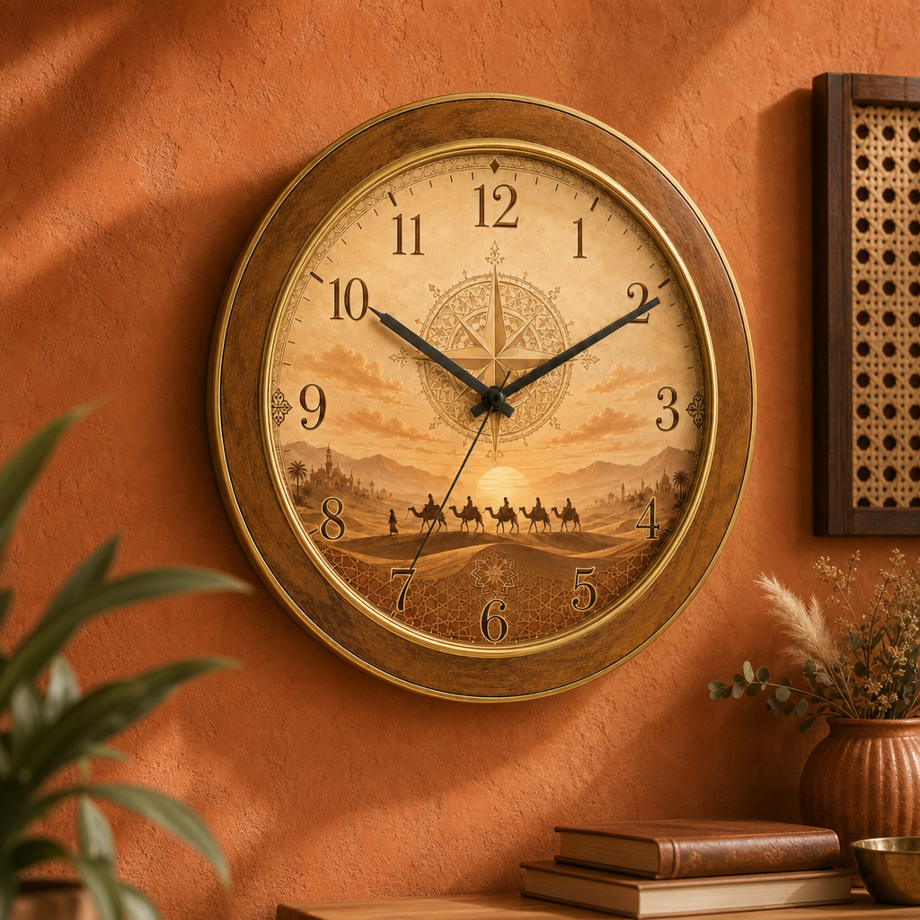 The clock Factory 'byd desert' Wall Clock - Desert Caravan Sunset styled in a room setting 2