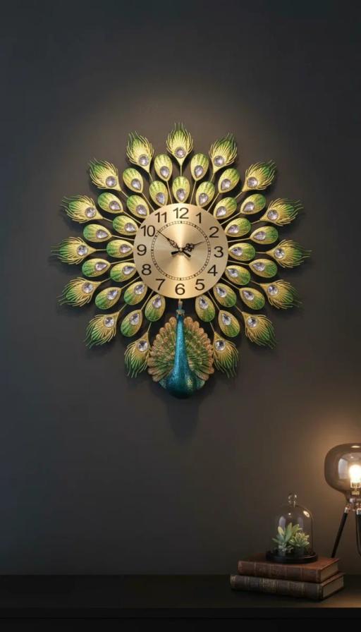 Regal Peacock Wall Clock - Gold & Green Gemstone Accent - The clock Factory peacock -Small