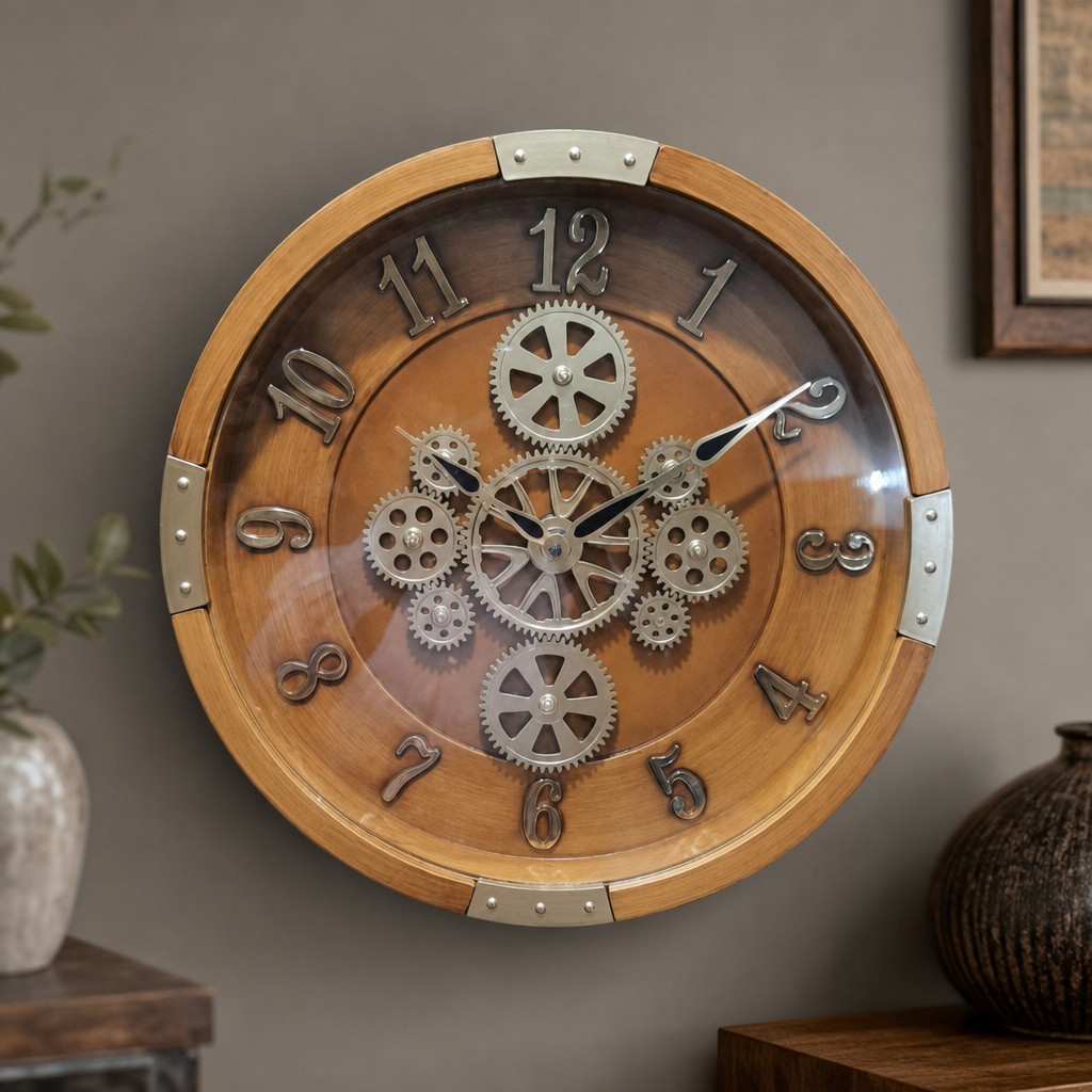 Milan H99 OrangeWood Steampunk Industrial Wall Clock with Exposed Gears on wall color