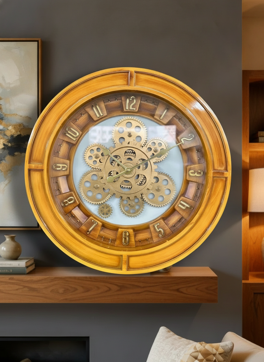 Elegant Gear 10 Honeywood & Gold Accents Decorative Wall Clock lifestyle 2