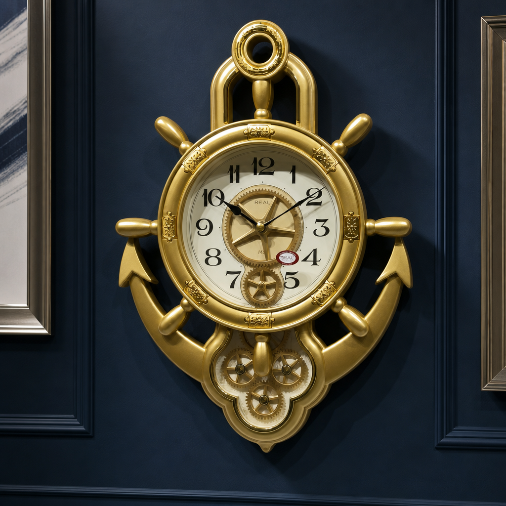 Real RG07-Golden Nautical Ship Wheel and Anchor Wall Clock styled in a room setting 1