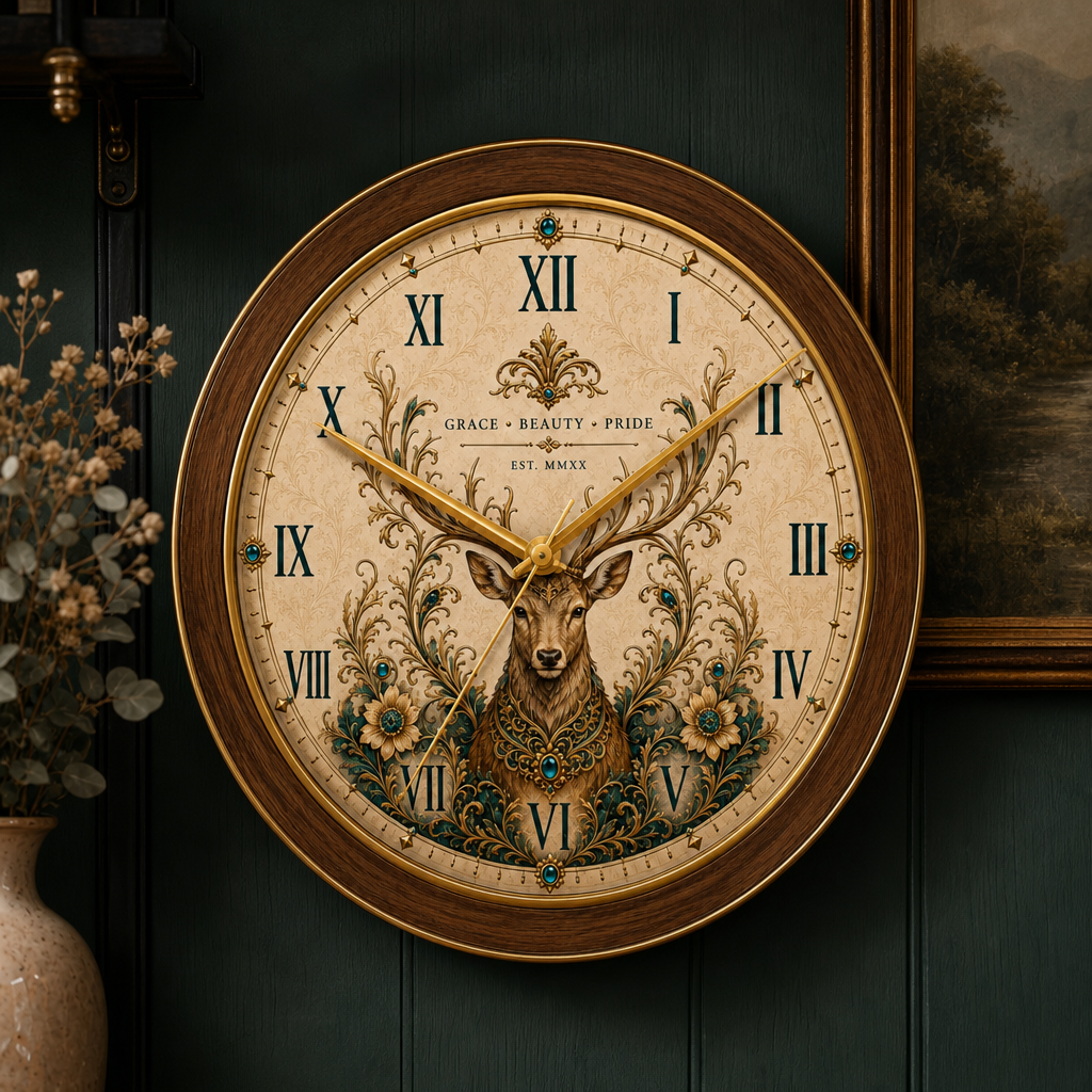 The clock Factory Majestic Deer Wall Clock styled in a room setting 3