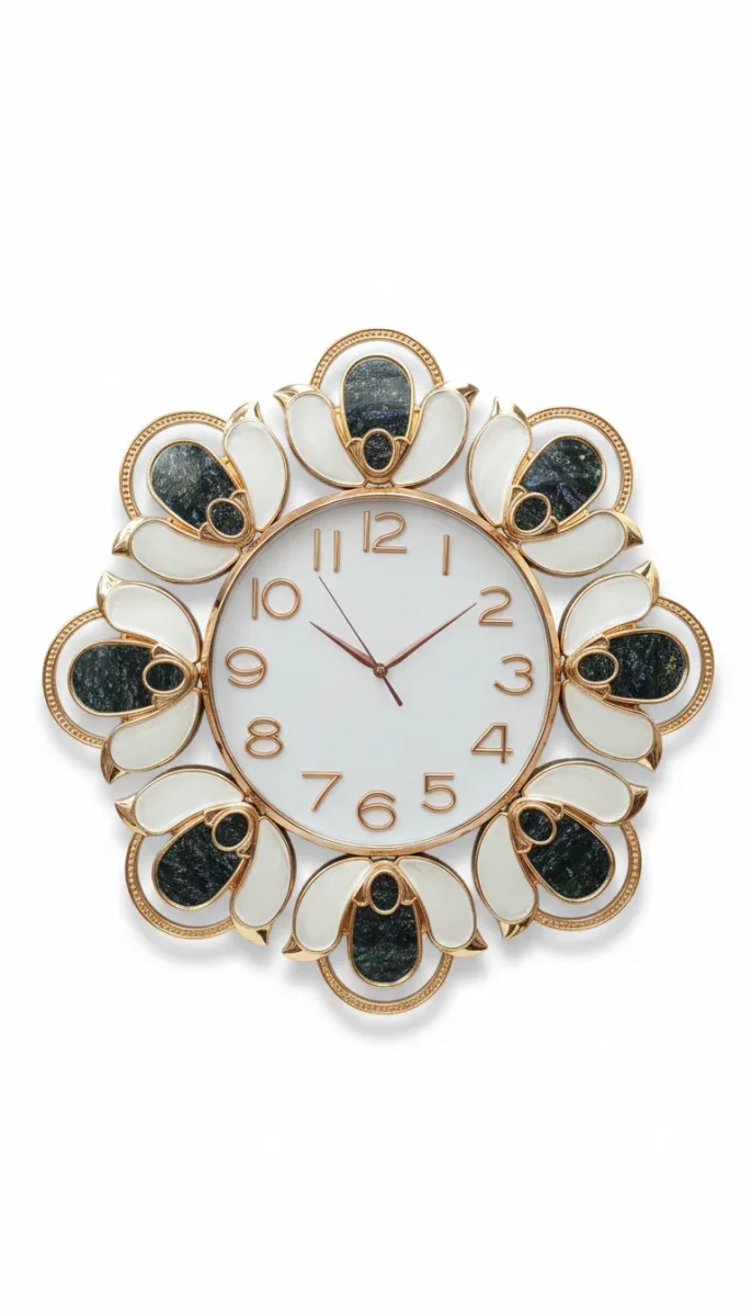 Elegant Gold & White Floral Design Wall Clock