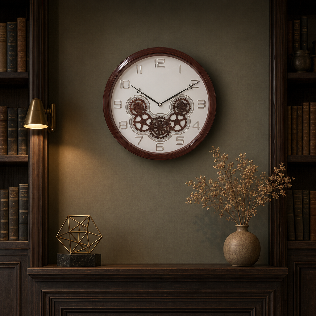 Bosque gear 08-WHITE Mechanical Wall Clock with Exposed Gears styled in a room setting 3
