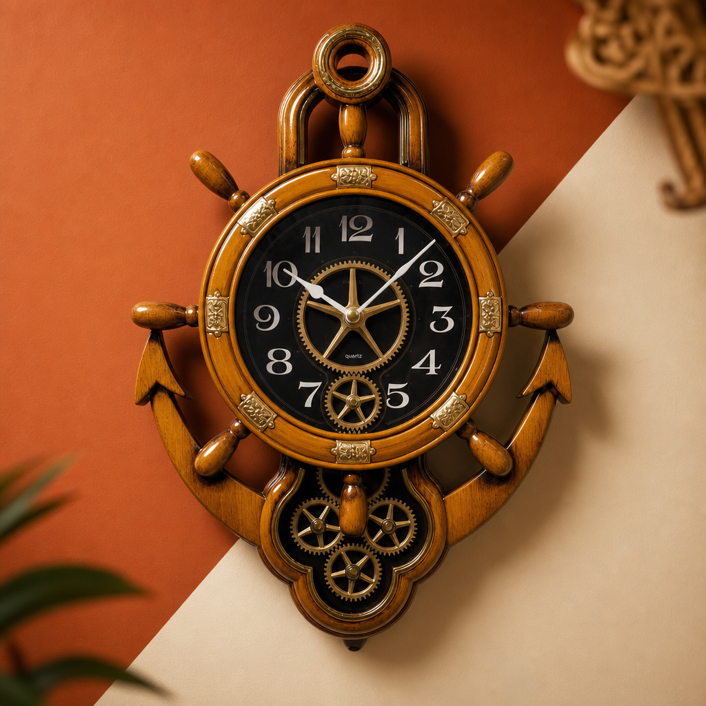 Real RG07-Golden Nautical Ship Wheel and Anchor Wall Clock styled in a room setting 4