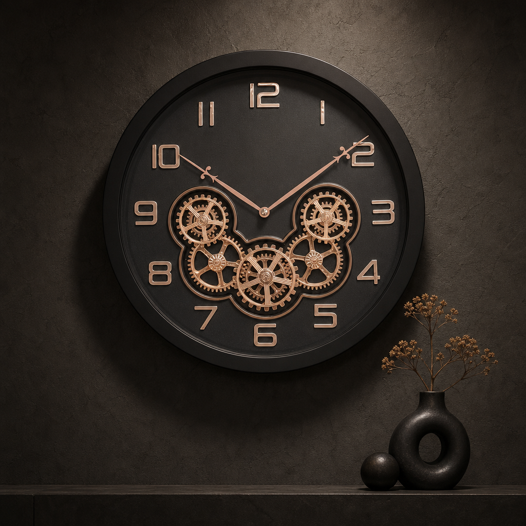 Bosque gear 08-Black&RoseGold Mechanical Wall Clock styled in a room setting 2