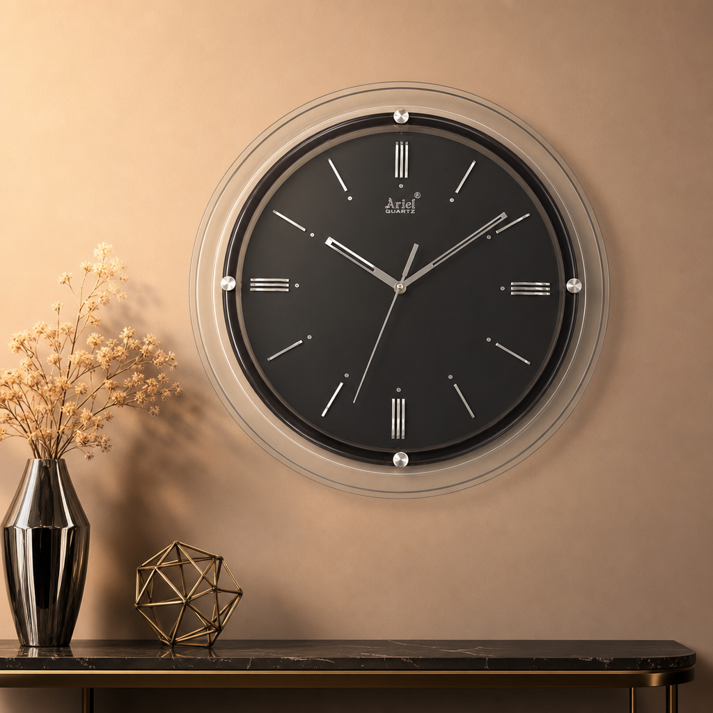 Ariel 2091-WhiteandSilver Quartz Wall Clock with Clear and Black Frame lifestyle 6
